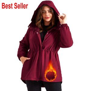 Fleece Lined Waterproof Raincoat Hooded Windbreaker Lightweight Plus Size Jacket